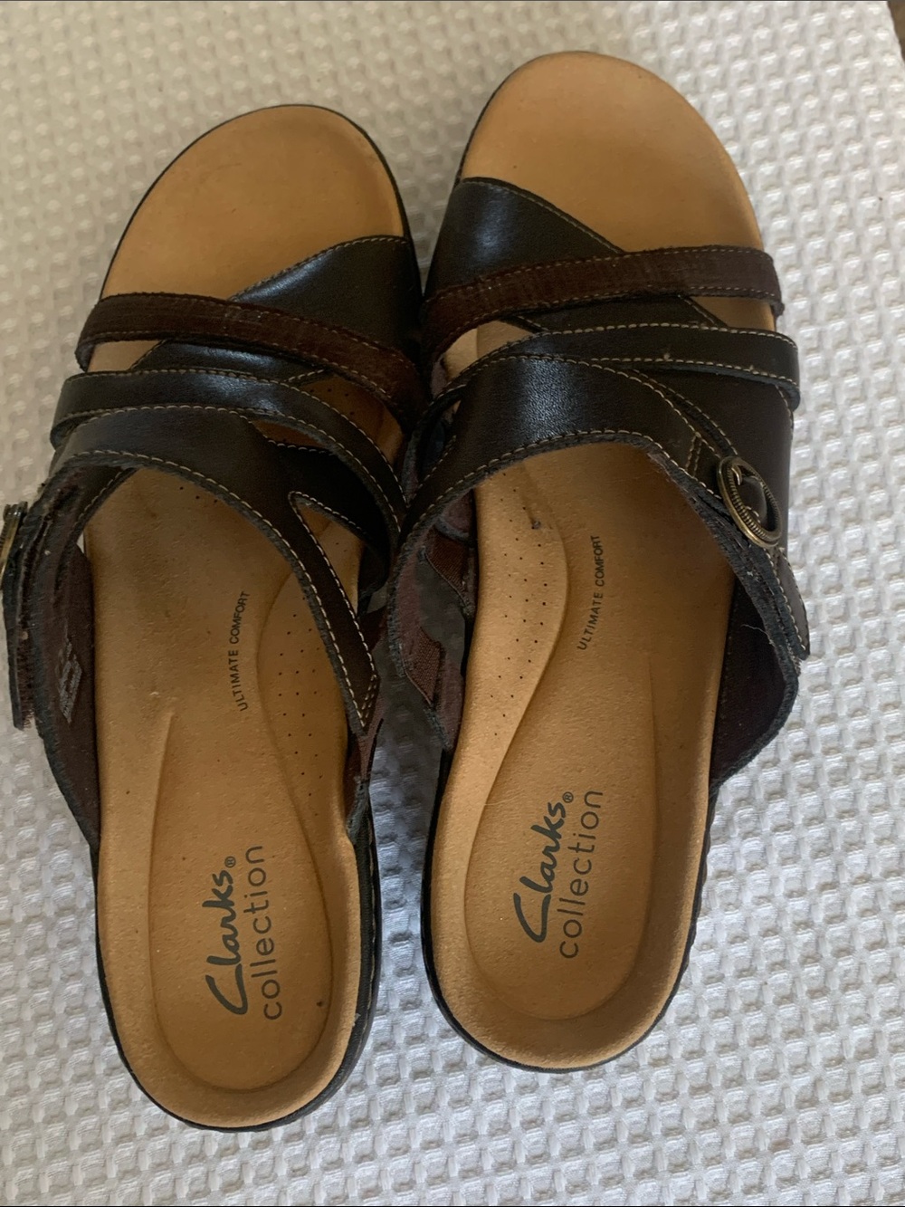 Clarks Merliah Holly Dark Brown leather upper Cross-Strap Slide Sandals size 10M - Picture 5 of 8